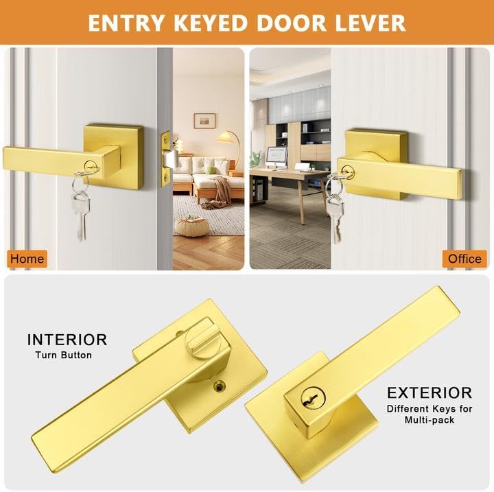 Probrico Different Keys Door Handles 5 Pack, Gold Entry Square Levers with Keyed Differently Lock for Home