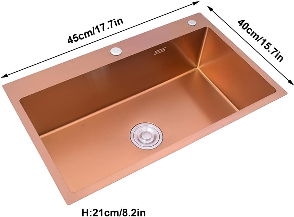 Kitchen Sink Single Bowl Kitchen Bar Sink Stainless Steel Single Basin Undermount in Rose Gold with Drain Top Mount Or Undermount (Color : Rose Gold, Size : 45x40x21cm) (Rose Gold 45x40x21cm)