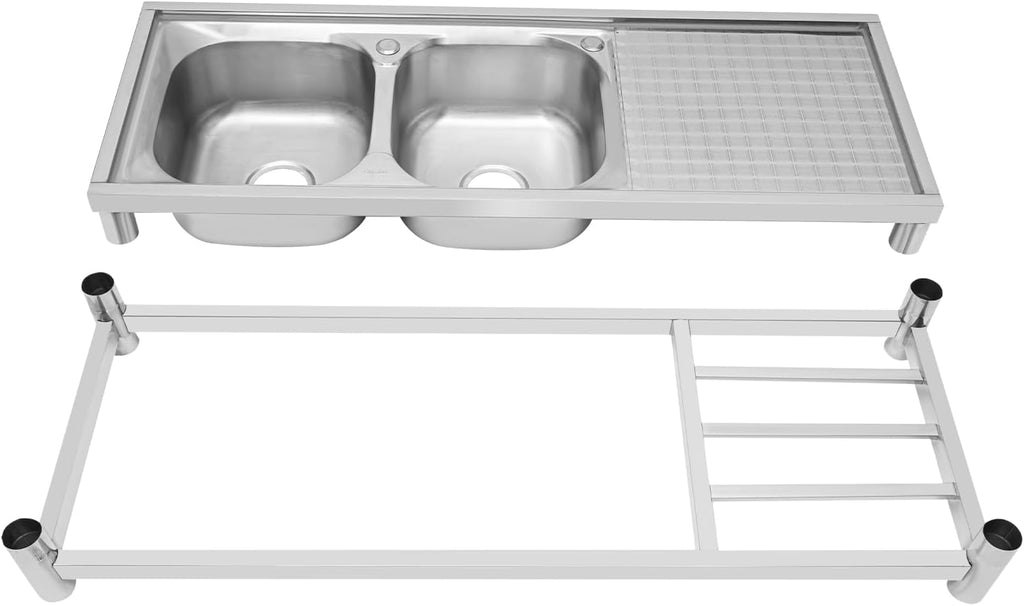 Free Standing Commercial Kitchen Sink Stainless Steel, Double Bowl Utility Sink with 360° Rotatable Faucet and Water Pipes Restaurant Outdoor Utility Sink Left Dual-Bowl (47x17.7x31.5in-A)