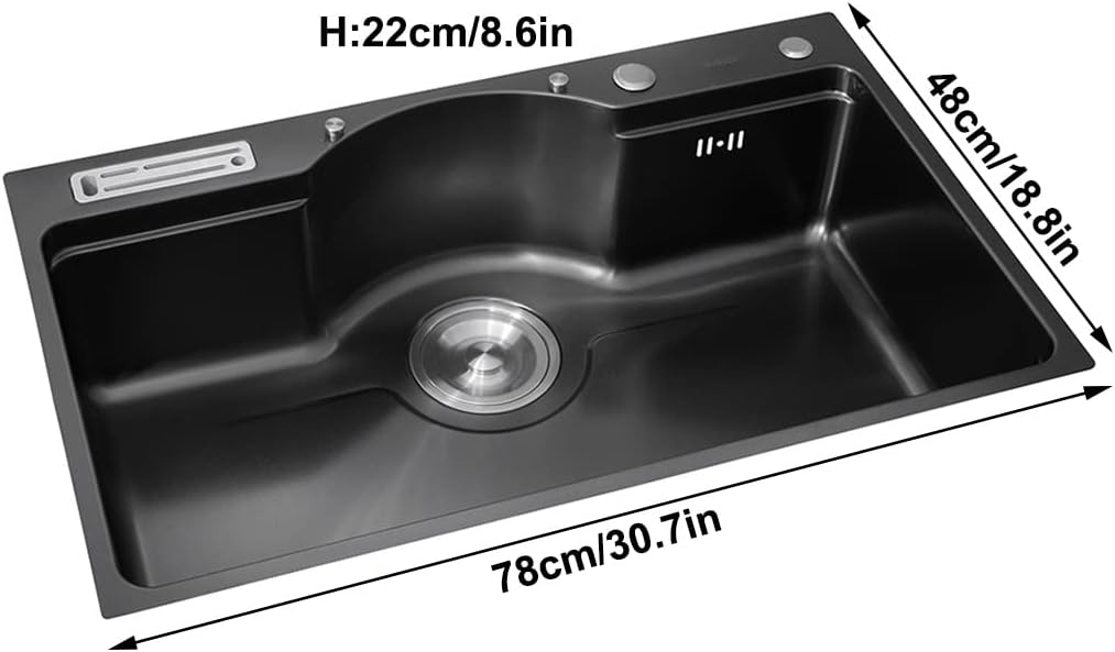 Single Bowl Bar Prep Kitchen Sink Stainless Steel Kitchen RV Sink Drop in Or with Pull Out Faucet & Drain Assembly (Black 78x48x22cm)