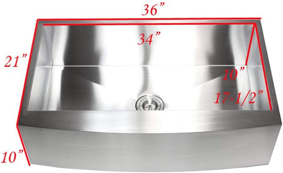 Contemporary Durable Zero Radius 16 Gauge Stainless Steel Single Bowl Apron Front Farmhouse Kitchen Sink with Lift-out Basket Strainer (36 Inch Curve Front)