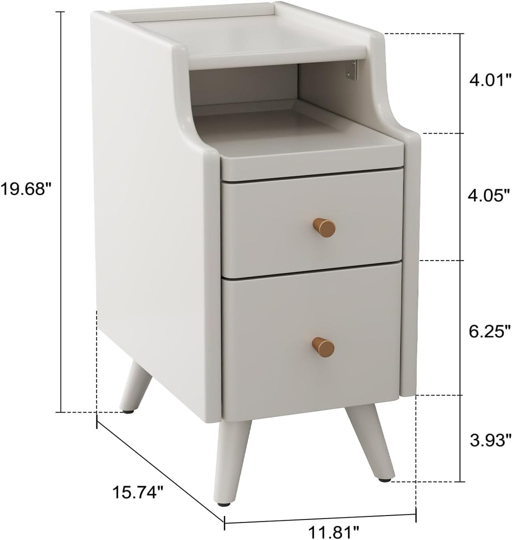 AQIMUELE Small Nightstand with Drawers, Solid Wood Bedside Table, Narrow Walnut Nightstand for Bedroom