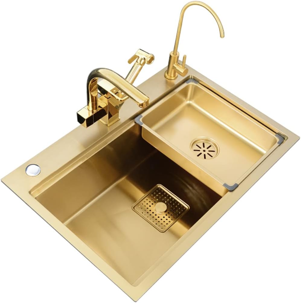 Gold Stainless Steel Metal Dishwashing Pool Single Bowl Bar Prep Kitchen Sink with Multi-Functional Pull Out Faucet & Movable Basin Drain Component
