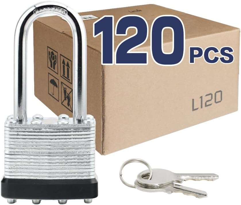 LanuBe Lock Laminated keyed Padlock (1-9/16', 40mm), keyed Alike Locks, Long Shackle,Marked Black Plastic Hoop, Pack of 120