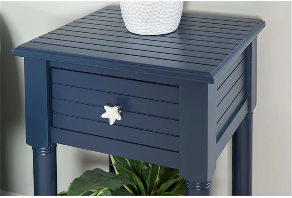 BOWERY HILL Modern Wood Accent Side Table, Navy Finish, 14' w x 13' d x 29.5' h, Starfish Knob, Coastal Style with Drawer and Shelf, Slim Design Living Room End Table or Bedroom Nightstand