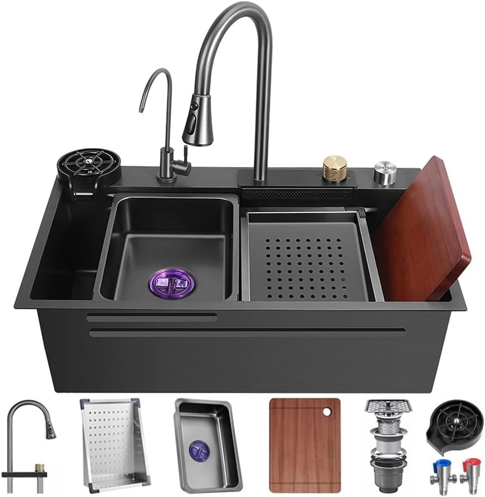 Waterfall Kitchen Sink Home Sink Vegetable Basin With Pull-Out Faucet And Glass Rinser Versatile Stainless Steel Single-Bowl Kitchen Worksta (Color : Black, Size : 75x45x22cm) (Black 80x45x22cm)