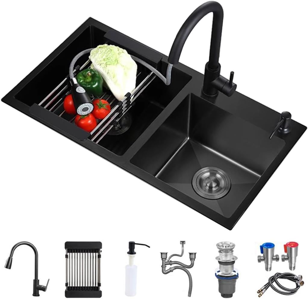 Generic Steel Double Bowl Kitchen Sink Multifunctional Bar Sink Black RV Sink with Pull-Out Faucet Drain Basket Soap Dispenser Drainage Cponent (Color : Black, Size : 72x40x21cm)