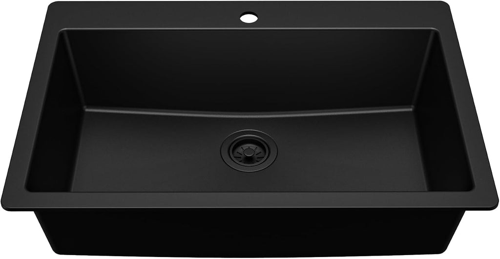 Karran 33' Drop-In Top Mount Quartz Composite Single Bowl Kitchen Sink in Black – Extra Deep 9' Basin, Heat Resistant, Sound Dampening, Easy Clean Surface
