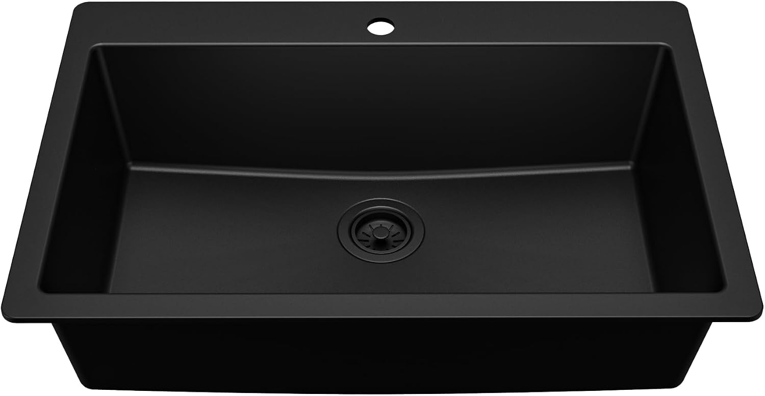 Karran 33' Drop-In Top Mount Quartz Composite Single Bowl Kitchen Sink in Black – Extra Deep 9' Basin, Heat Resistant, Sound Dampening, Easy Clean Surface