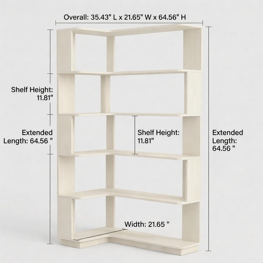 6 Tier Corner Bookshelf, Freestanding L-Shaped Wooden Bookcase with Open Shelves, Anti-Fall Panels and Anti-Tipping Device for Living Room, Home Office (White with Right Extension)