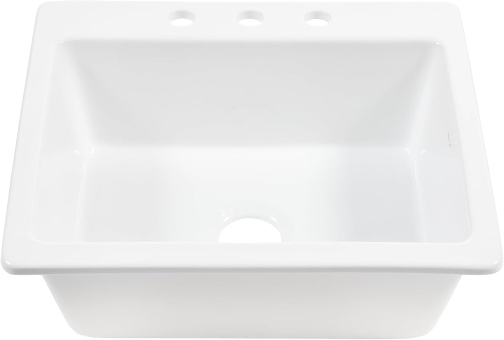 Sinkology Jackson 25 Inch White Fireclay Drop-In Kitchen Sink, Single Bowl, 3 Faucet Holes, Fits 28 Inch Cabinet, Surefire Finish