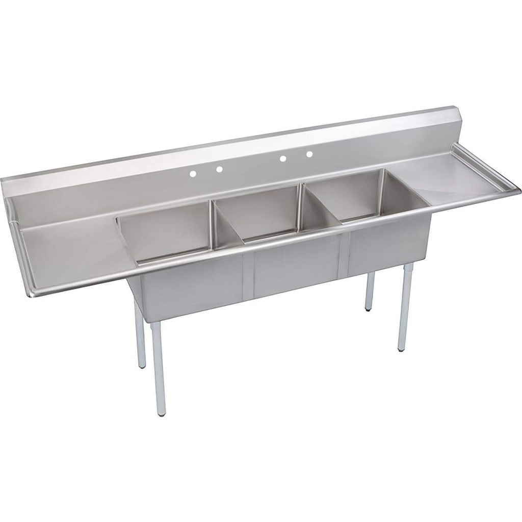 Elkay Foodservice 3 Compartment Sink, 124'X29.75' OA, 36' Working Height, 24X24 Bowl, 12 Deep, 9.75' Backsplash, Left & Right 24' Drainboards, 8' On Center Faucet Hole, Galvinized Legs, Adjustable Feet, 18 Gauge 300 Series Stainless Steel, NSF Certified
