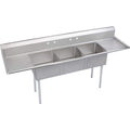 Elkay Foodservice 3 Compartment Sink, 124'X29.75' OA, 36' Working Height, 24X24 Bowl, 12 Deep, 9.75' Backsplash, Left & Right 24' Drainboards, 8' On Center Faucet Hole, Galvinized Legs, Adjustable Feet, 18 Gauge 300 Series Stainless Steel, NSF Certified