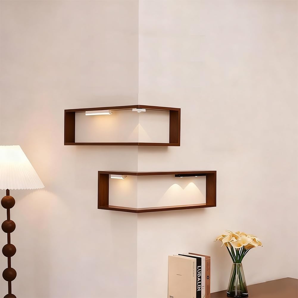 Smart Corner Shelves That Light Up Your Space, Set of 3 Corner Floating Storage Shelves,Wooden Wall-Mounted Corner Shelf Display Rack, Modern Wall-Mounted Display Rack Stand (Includes LED Lights*6)