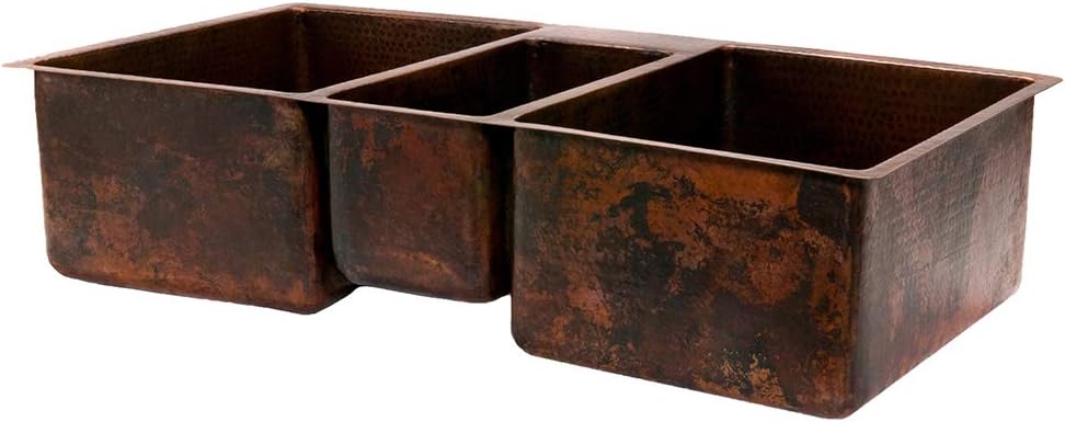 Premier Copper Products KTDB422210 42-Inch Hammered Copper Kitchen Triple Basin Sink, Oil Rubbed Bronze