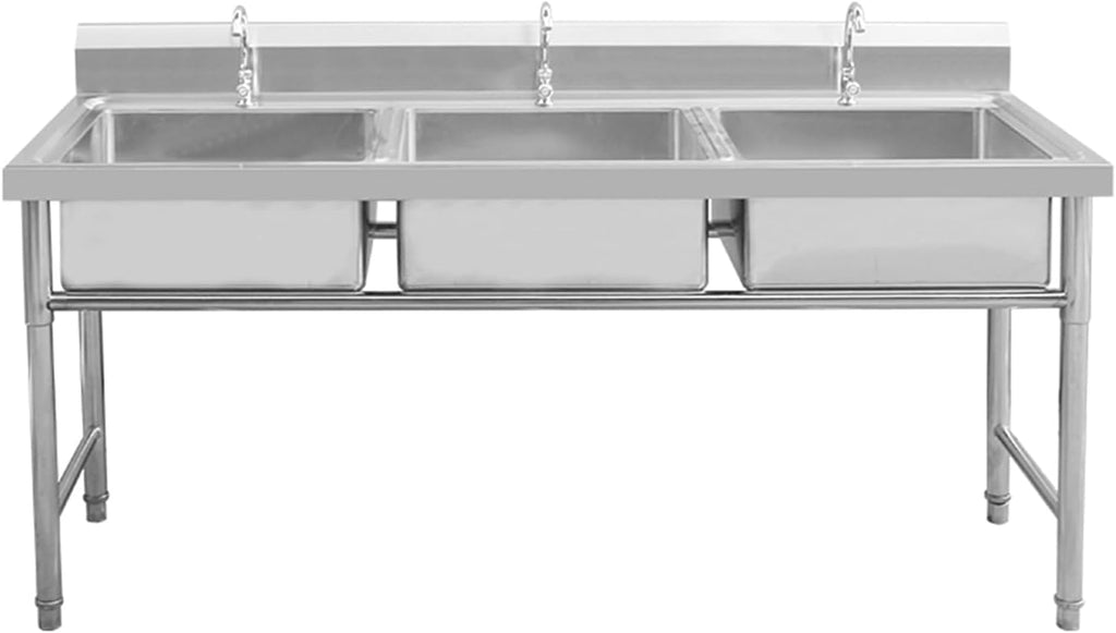 Commercial Triple Bowl Kitchen Sink, Stainless Steel Utility Sink, Washing Basin for Indoor Outdoor Garage Backyard(100X50cm/39.3X19.6in)