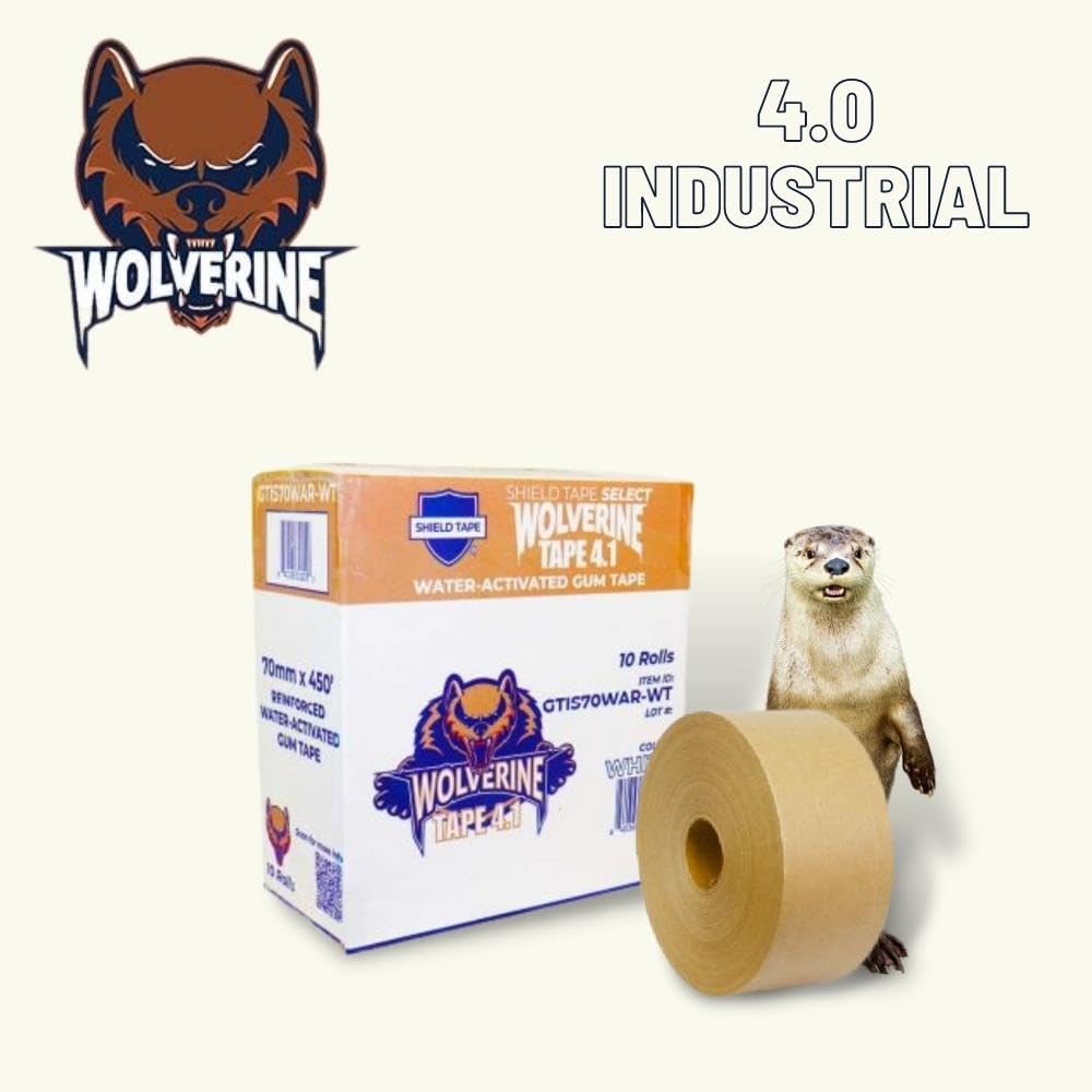 PSBM Wolverine 4.0 Kraft Reinforced Gummed Tape, 10 Rolls 5.5 Mil 2.75 Inch 150 Yards Per Roll, Water Activated Adhesive Tape with Fiberglass Strands for Packaging, Shipping, Moving & Sealing