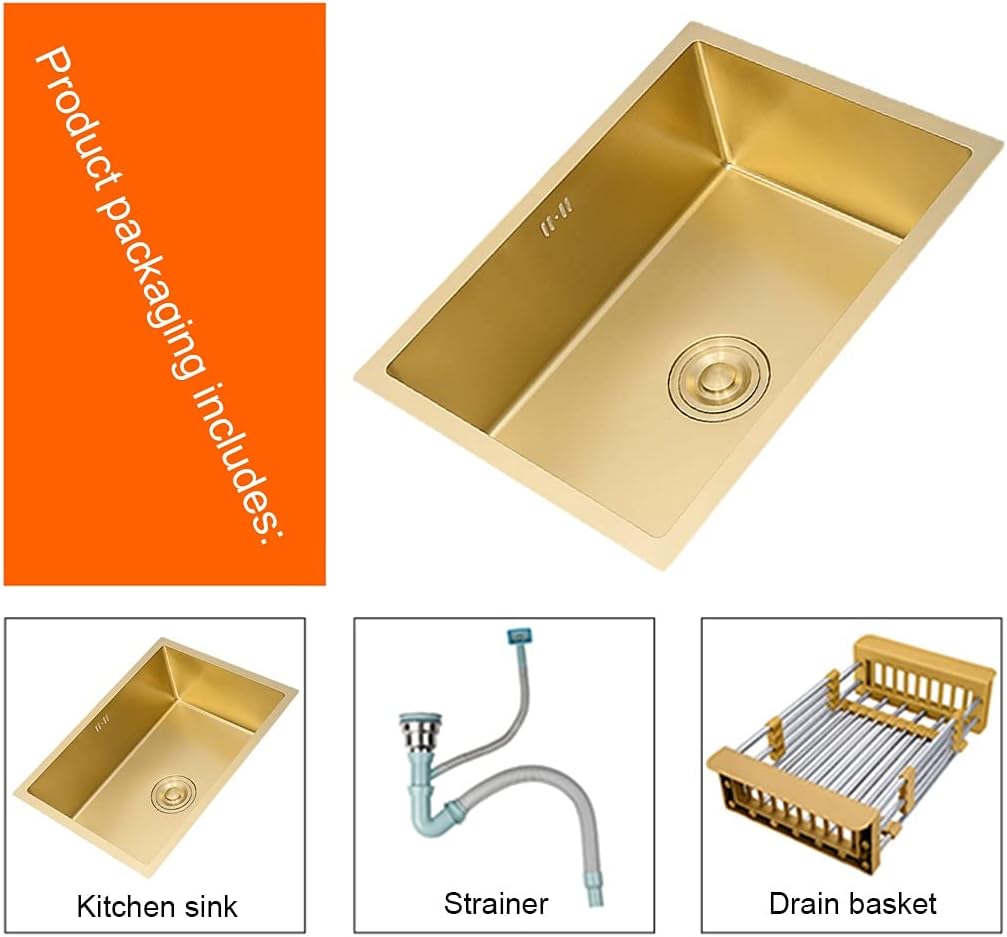 Kitchen Sink Stainless Steel Metal Sink Single Bowl Bar Counter Preparation with Drain Pipe Drop-in Or Undermount Kitchen Essentials (Color : Gold, Size : 55×40cm) (Gold 55×40cm)