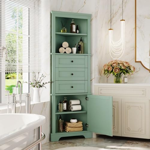 Bellemave Tall Bathroom Cabinet with 3 Drawers and Adjustable Shelves, Freestanding Floor Triangle Corner Cabinet for Bathroom, Living Room (Green)