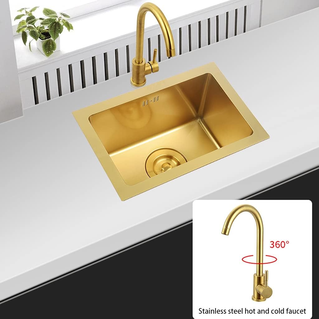 Kitchen Sink Single Bowl Bar Counter Preparation Gold 304 Stainless Steel with Faucet and Drain Pipe Drop-in Or Undermount (Color : Gold, Size : 38×38cm) (Gold 36×36cm)