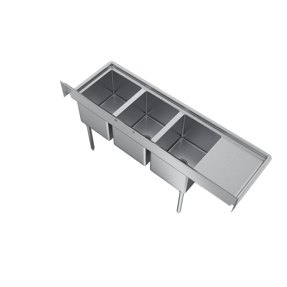 Elkay Foodservice 3 Compartment Sink, 72.5'X25.75' OA, 36' Working Height, 16X20 Bowl, 12 Deep, 9.75' Backsplash, Left 18' Drainboards, 8' On Center Faucet Hole, Galvinized Legs, Adjustable Feet, 18 Gauge 300 Series Stainless Steel, NSF Certified