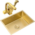 Kitchen Sink Single Bowl Counter Drop-in Or Undermount 304 Stainless Steel Sink with Multi-Functional Pull-Out Faucet and Drain Pipe (Color : Gold, Size : 50×45×21cm) (Gold 50×45×21cm)