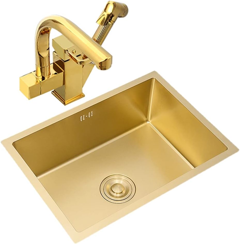 Kitchen Sink Single Bowl Counter Drop-in Or Undermount 304 Stainless Steel Sink with Multi-Functional Pull-Out Faucet and Drain Pipe (Color : Gold, Size : 50×45×21cm) (Gold 50×45×21cm)