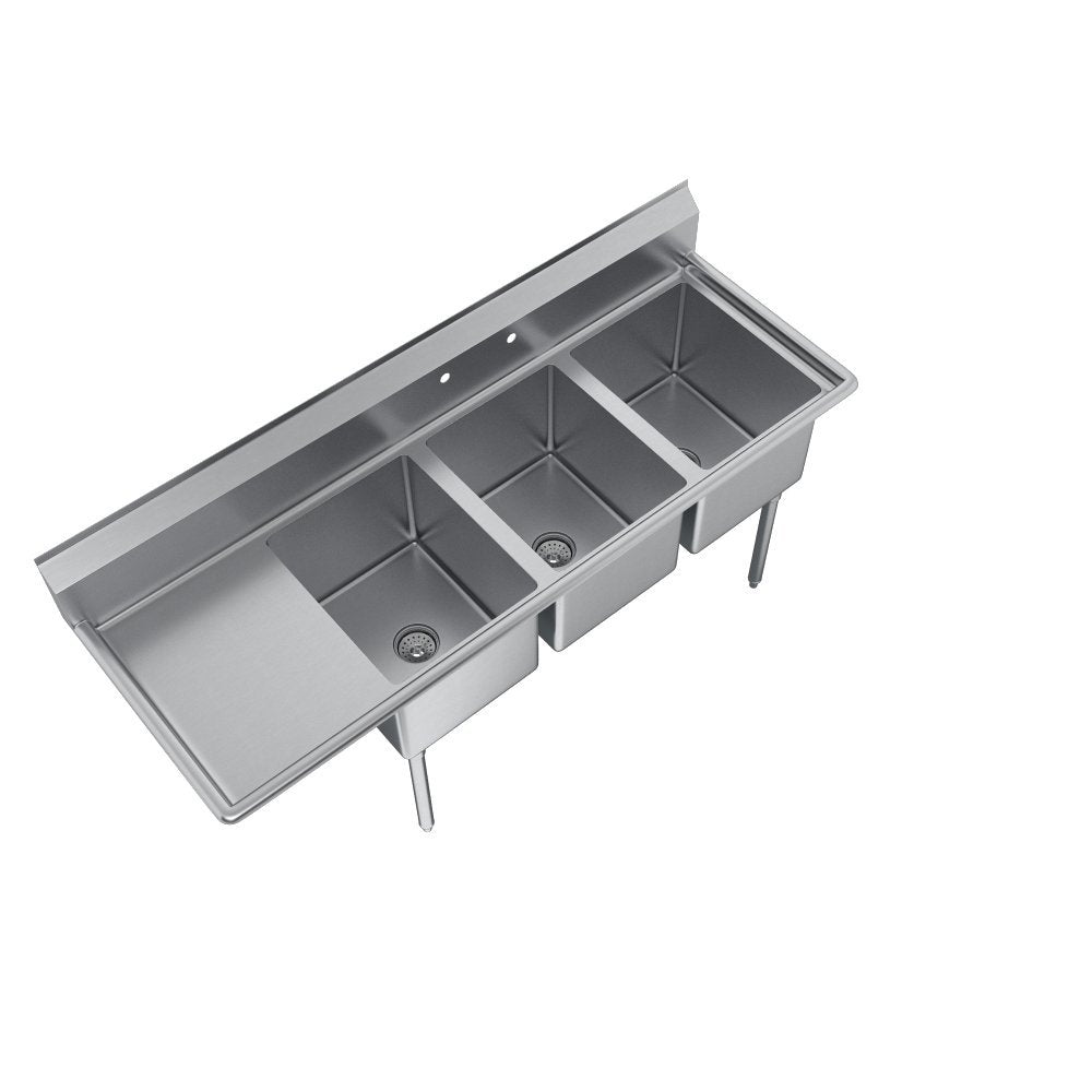 Elkay Foodservice 3 Compartment Sink, 72.5'X25.75' OA, 36' Working Height, 16X20 Bowl, 12 Deep, 9.75' Backsplash, Left 18' Drainboards, 8' On Center Faucet Hole, Galvinized Legs, Adjustable Feet, 18 Gauge 300 Series Stainless Steel, NSF Certified