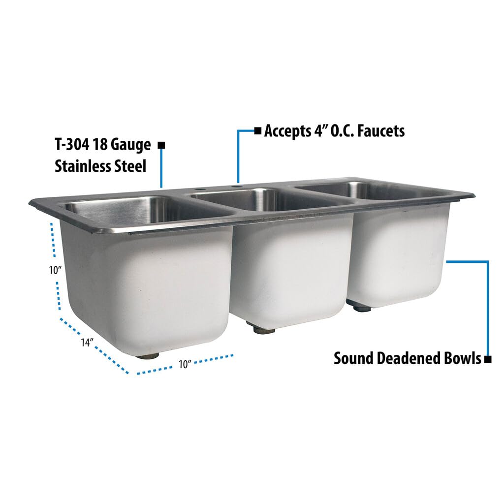 BK Resources NSF Commercial 3 Compartment Drop in Sink, 10'x14'x10' Bowl Size, 18 Gauge T-304 Stainless Steel, Top Mount, Seamless Deep Drawn Construction (DDI3-10141024)
