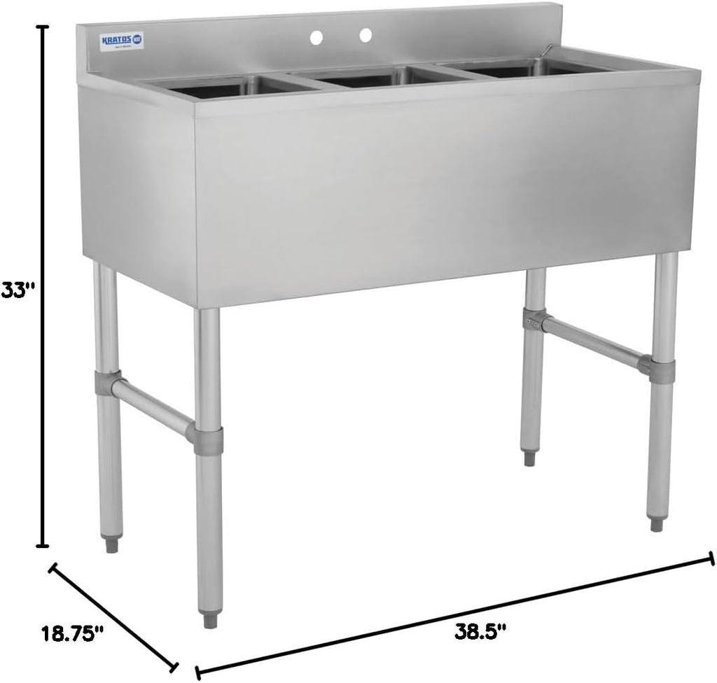Kratos 29N-033 Underbar Compartment Sink, 3 Bowls, 38.5'Wx18.75'Dx33'H, No Drainboard (Faucet Sold Separately)