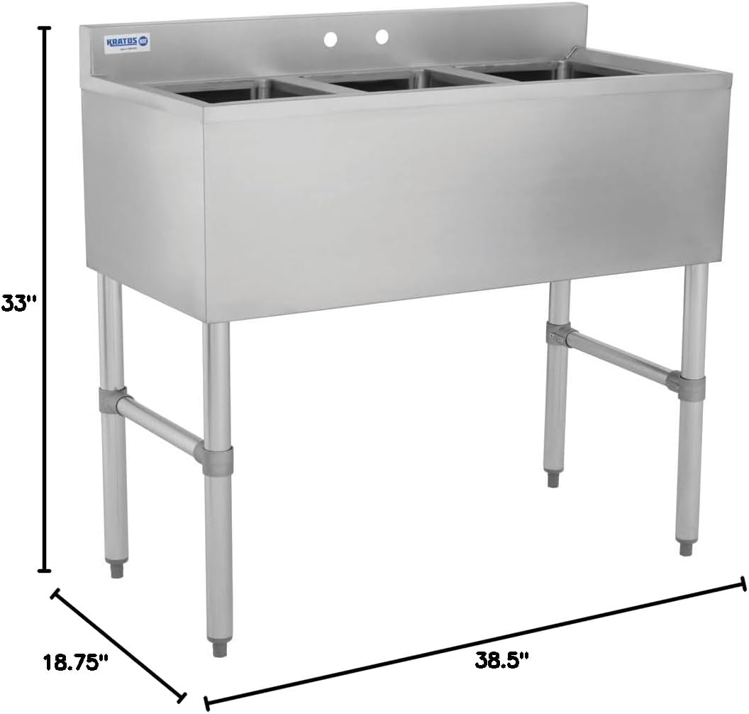 Kratos 29N-033 Underbar Compartment Sink, 3 Bowls, 38.5'Wx18.75'Dx33'H, No Drainboard (Faucet Sold Separately)