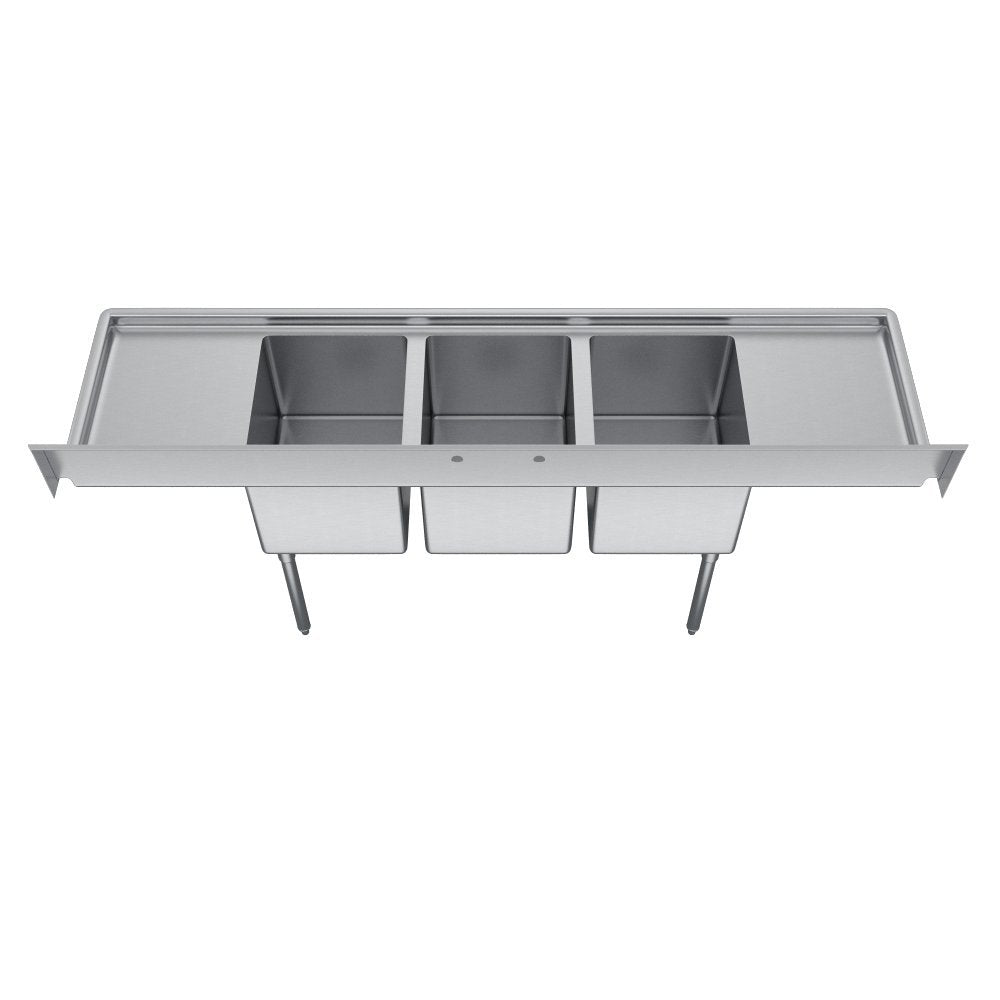 Elkay Foodservice 3 Compartment Sink, 88'X25.75' OA, 36' Working Height, 16X20 Bowl, 12 Deep, 9.75' Backsplash, Left & Right 18' Drainboards, 8' On Center Faucet Hole, Galvinized Legs, Adjustable Feet, 18 Gauge 300 Series Stainless Steel, NSF Certified