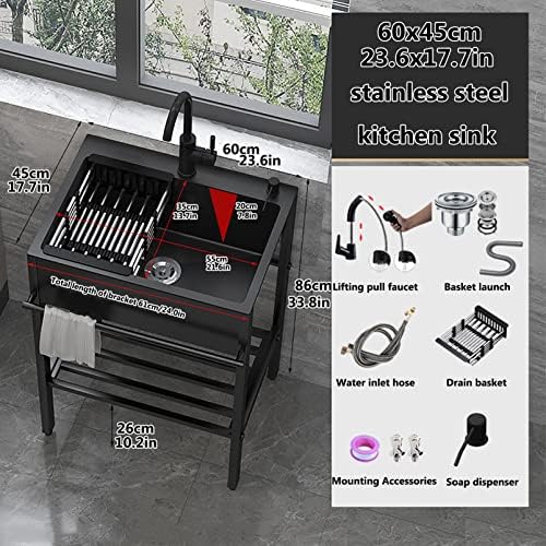 Freestanding Utility Sink,Free Standing Stainless Steel Sink, Outdoor Portable Handwashing Station Sink, Single Bowl Kitchen Sinks, Kitchen Utility Sink for(60x45x86 cm