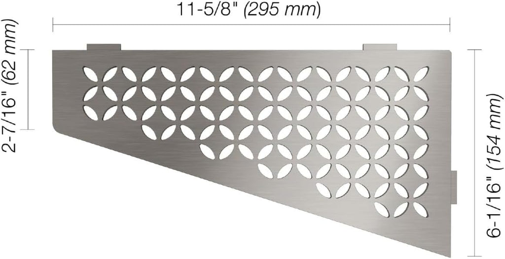 Schluter Quadrilateral Corner Shelf for Tiled Walls - Floral Design, Stainless Steel Material, Brushed Stainless Steel Finish, 3/32' Thick Anchoring Tabs - SES3D5EB
