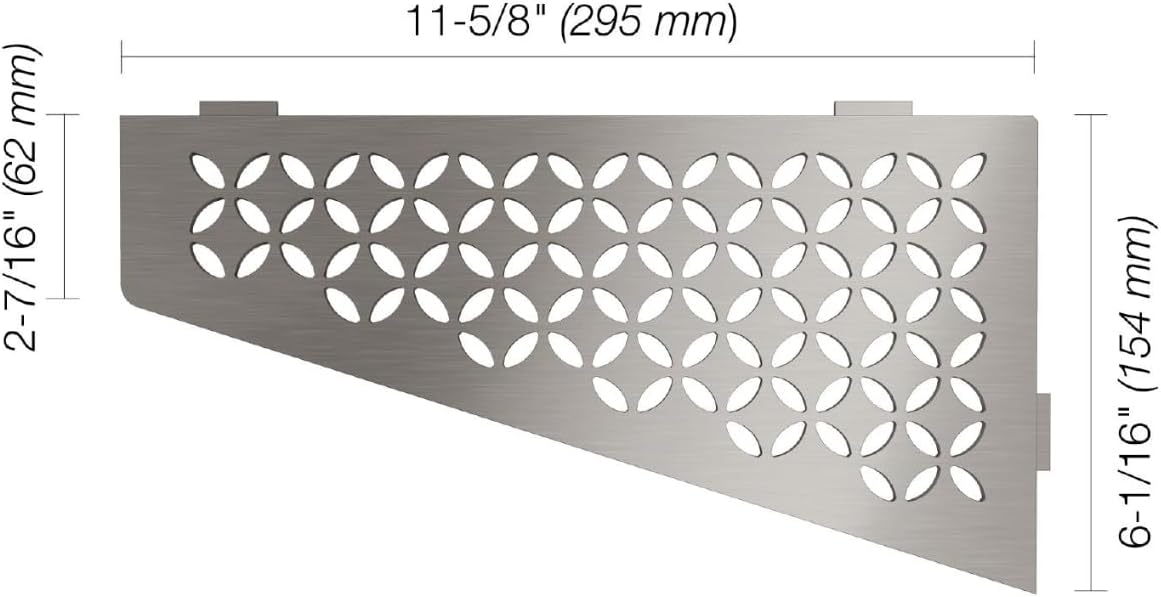 Schluter Quadrilateral Corner Shelf for Tiled Walls - Floral Design, Stainless Steel Material, Brushed Stainless Steel Finish, 3/32' Thick Anchoring Tabs - SES3D5EB