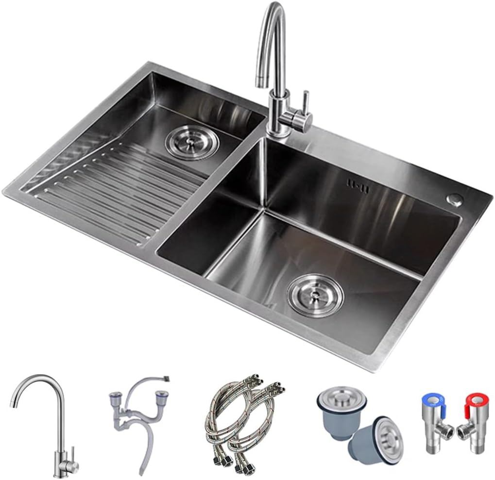 Bathro Sinks with Washboard Large 304 Stainless Steel Laundry Sink Multifunctional Kitchen Sink with Big Bend Faucet and Drainage Cponent (Color : Silver, Size : 70x48x21cm)