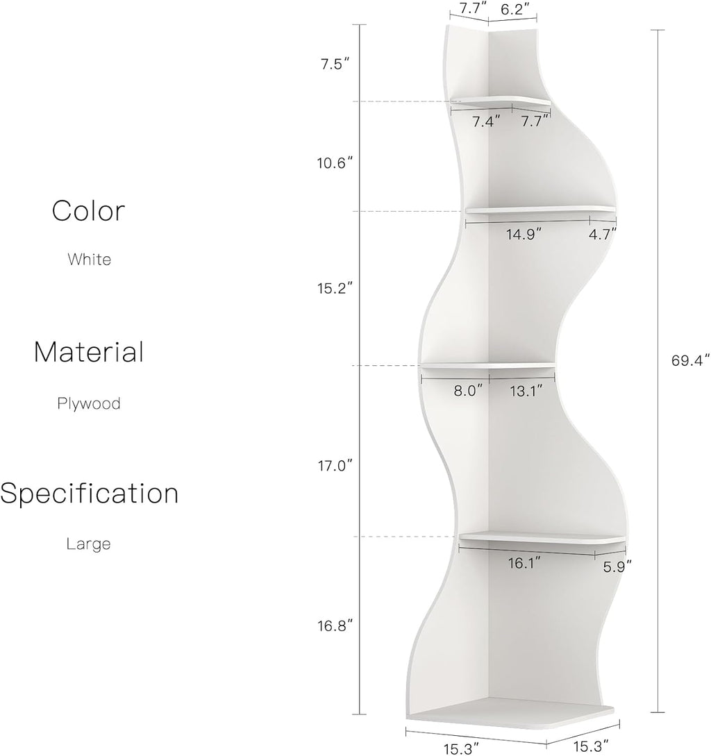 YOWOS 69.4' 5-Tier Modern Corner Bookshelf – Wavy Wooden Display Shelf with Storage, Narrow Corner Bookcase for Small Spaces, Ideal for Plants, Books & Decor (White)