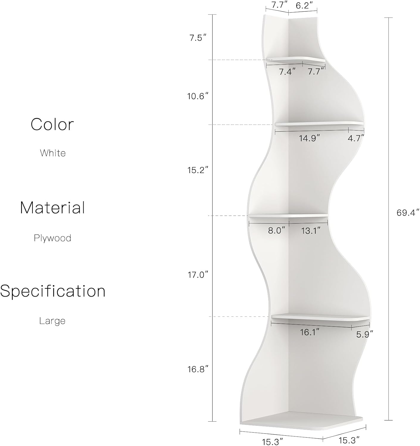 YOWOS 69.4' 5-Tier Modern Corner Bookshelf – Wavy Wooden Display Shelf with Storage, Narrow Corner Bookcase for Small Spaces, Ideal for Plants, Books & Decor (White)