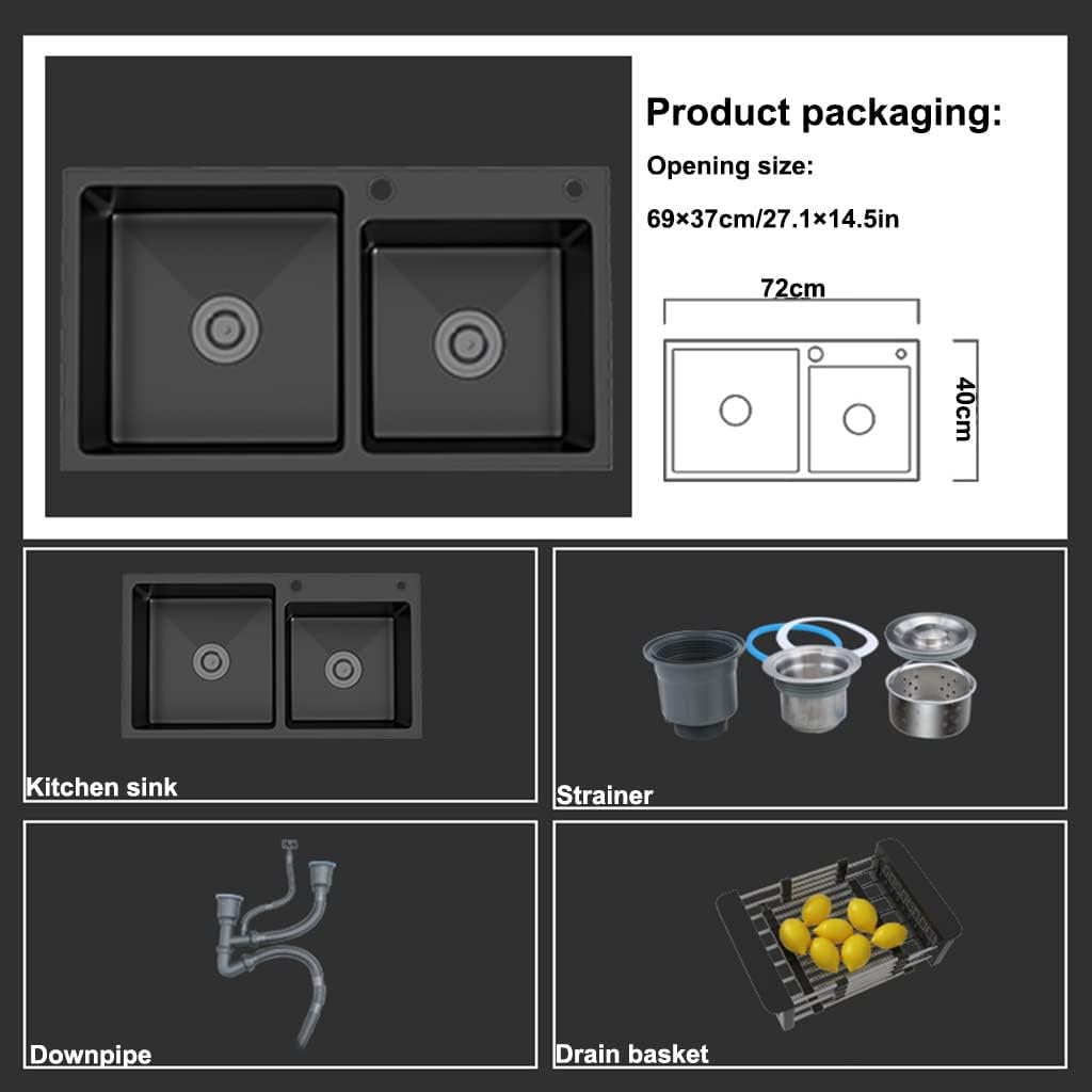 Kitchen Sink Double Bowls Bar Prep 304 Stainless Steel RV Sink with Drain Top Mount Or Undermount for Kitchen Courtyard Office Bar (Color : Black, Size : 72x40x22cm) (Black 72x40x22cm)