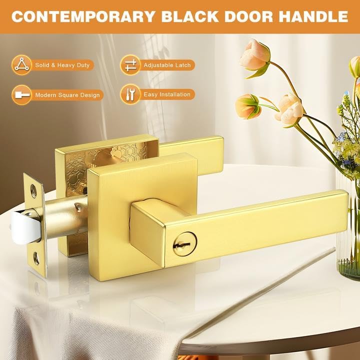 Probrico Different Keys Door Handles 5 Pack, Gold Entry Square Levers with Keyed Differently Lock for Home