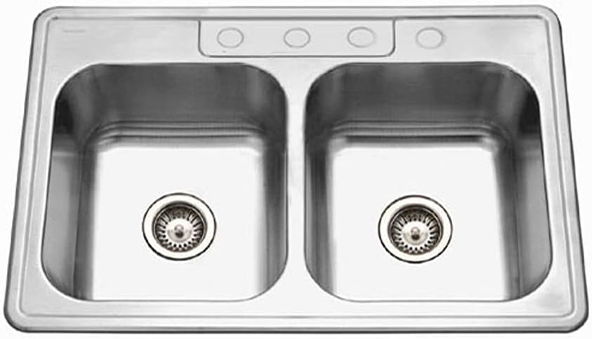 Houzer Glowtone Stainless Steel Kitchen Sink: 33 Inch Drop-in Topmount 4-Hole 50/50 Double Bowl, Durable & Versatile, Essential for Home & Apartment: 3322-9BS4-1