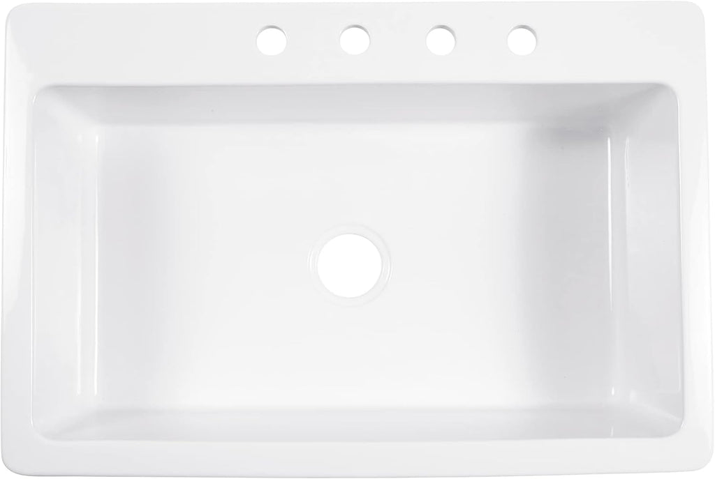 Sinkology Jackson 33 Inch White Fireclay Drop-In Kitchen Sink, Single Bowl, 4 Faucet Holes, Fits 36 Inch Cabinet, Surefire Finish