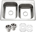 Houzer Glowtone Stainless Steel Kitchen Sink: 33 Inch Topmount 3-Hole 60/40 Double Bowl Kitchen Sink with Strainers & Grids, Durable & Versatile, Essential for Home & Apartment: ISL-3322BS3-C