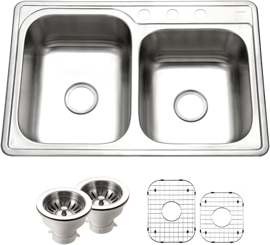 Houzer Glowtone Stainless Steel Kitchen Sink: 33 Inch Topmount 3-Hole 60/40 Double Bowl Kitchen Sink with Strainers & Grids, Durable & Versatile, Essential for Home & Apartment: ISL-3322BS3-C
