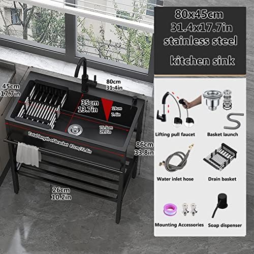 Freestanding Utility Sink,Free Standing Stainless Steel Sink, Outdoor Portable Handwashing Station Sink, Single Bowl Kitchen Sinks, Kitchen Utility Sink for(80x45x86cm