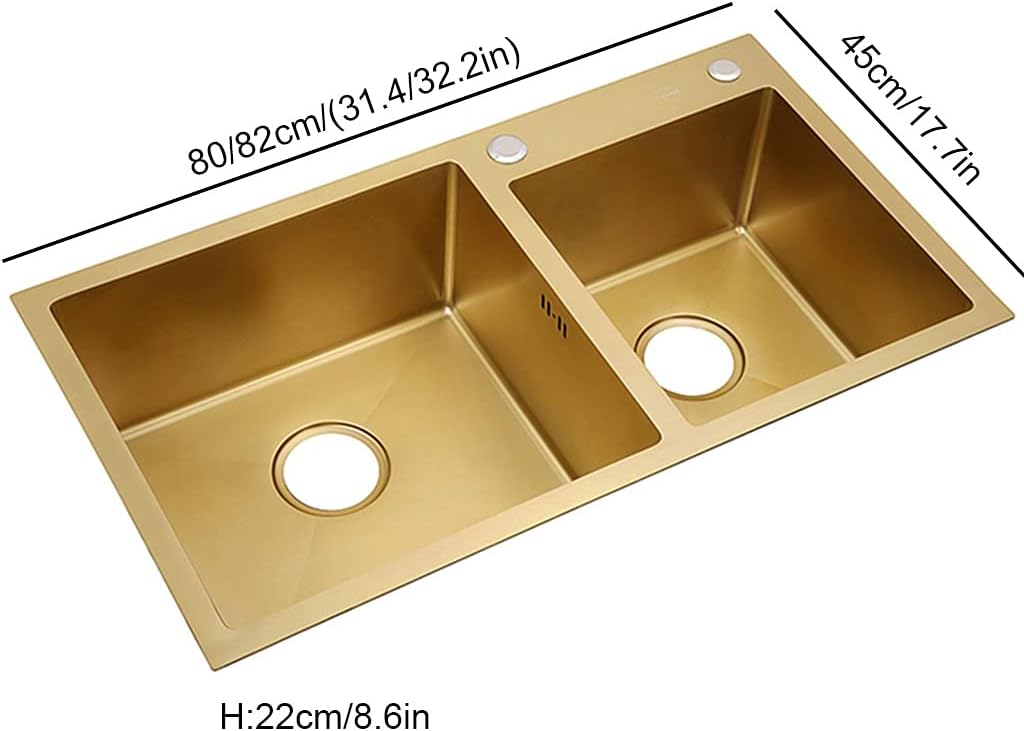 KITCHEN SINK Brushed Gold Double Bowls with Multi-functional Pull-Out Faucet and Drain Pipe Suitable for Kitchen Courtyard Office Bar Laundry Trough (Color : Gold, Size : 82×45×22cm) (Gold 82×45×2