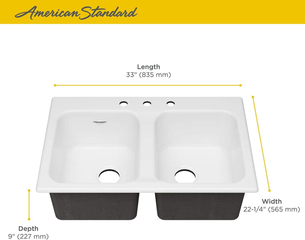 American Standard 77DB33223.308 Quince 33x22 Top Mount Double Bowl Cast Iron Kitchen Sink - 3 Holes Brilliant White