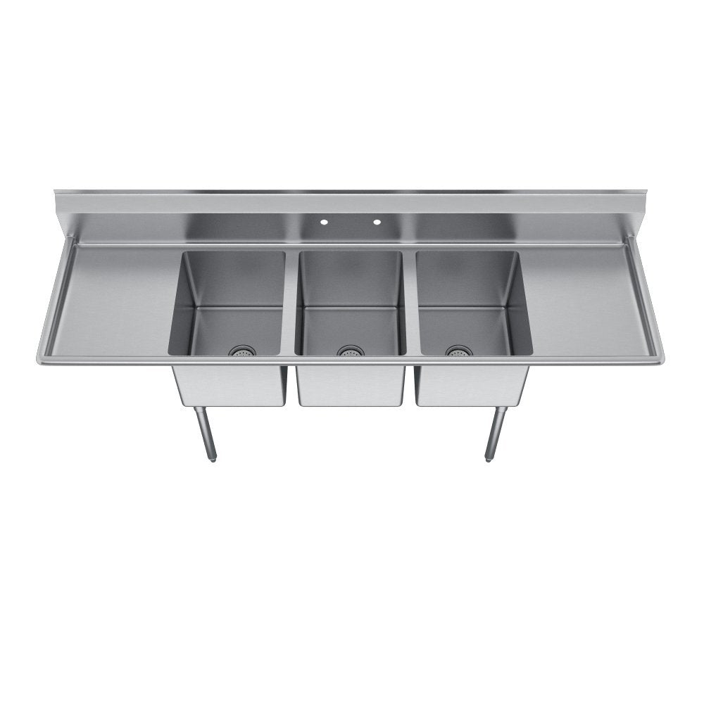 Elkay Foodservice 3 Compartment Sink, 104'X25.75' OA, 36' Working Height, 20X20 Bowl, 12 Deep, 9.75' Backsplash, Left & Right 20 Drainboards, 8' On Center Faucet Hole, Galvinized Legs, Adjustable Feet, 18 Gauge 300 Series Stainless Steel, NSF Certified