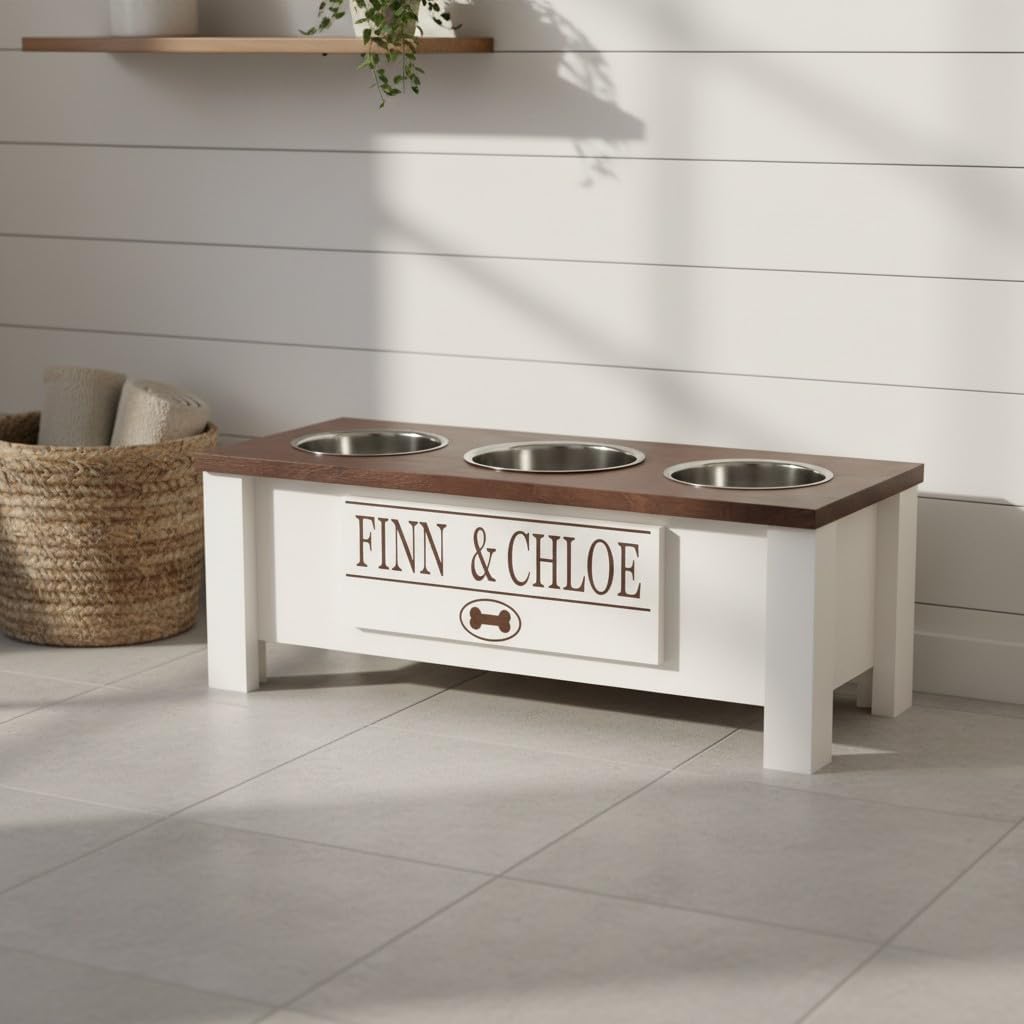 GTW Elevated 3 Bowl Dog Feeding Station - Customized Triple Stand for Medium Size Dog Breeds - Includes Storage & Stainless Steel Bowls (Medium, Brown)