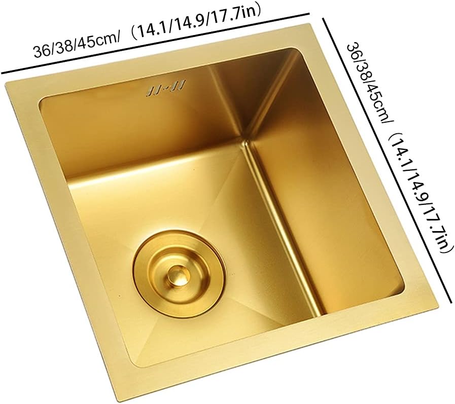 Kitchen Sink Single Bowl Bar Counter Preparation with Faucet and Drain Pipe Drop-in Or Undermountstainless Steel Metal Sink Kitchen Essentials (Color : Gold, Size : 38×38cm) (Gold 36×36cm)